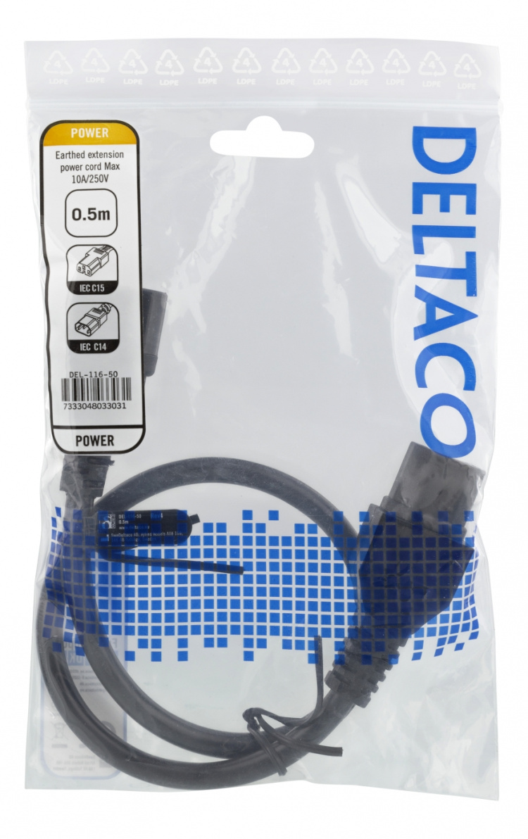 Deltaco Extension cord IEC C15 - IEC C14, 0.5m, black