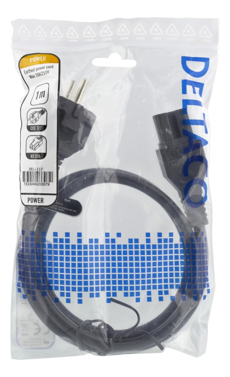Deltaco Power cord CEE7/7 - IEC C15, 1m, black