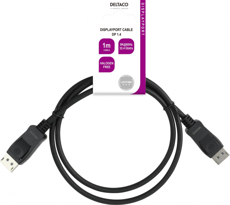Deltaco DisplayPort-kabel, 1m, 8K, DP 1.4, DSC 1.2, LSZH svart