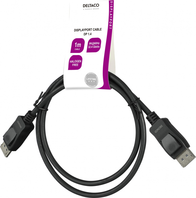 Deltaco DisplayPort-kabel, 1m, 8K, DP 1.4, DSC 1.2, LSZH svart