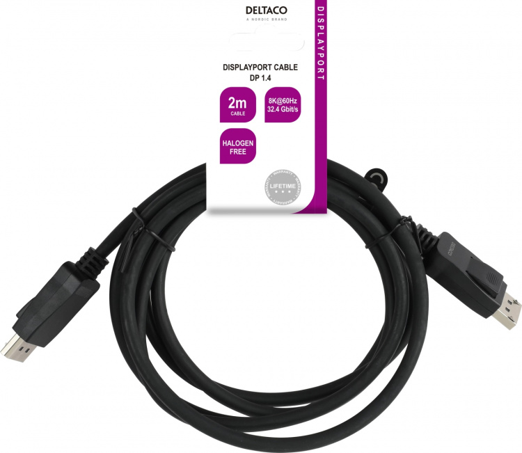 Deltaco DisplayPort-kabel, 2m, 8K, DP 1.4, DSC 1.2, LSZH svart