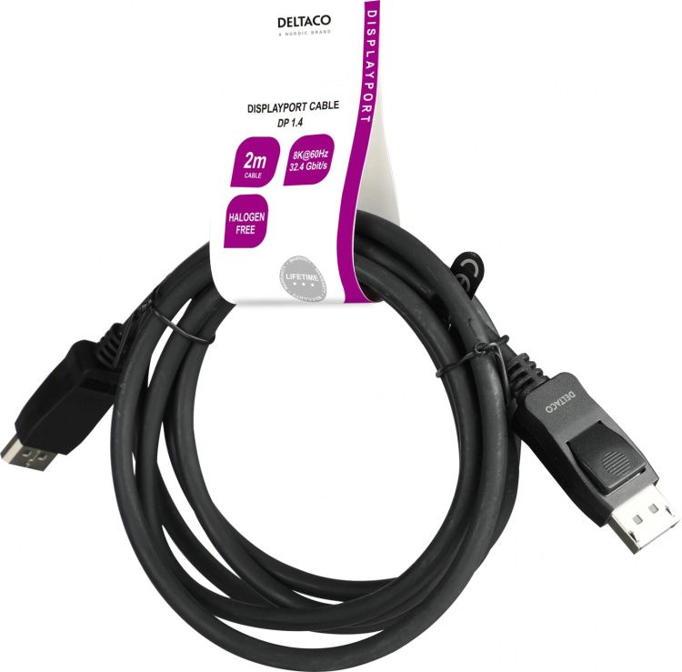 Deltaco DisplayPort-kabel, 2m, 8K, DP 1.4, DSC 1.2, LSZH svart