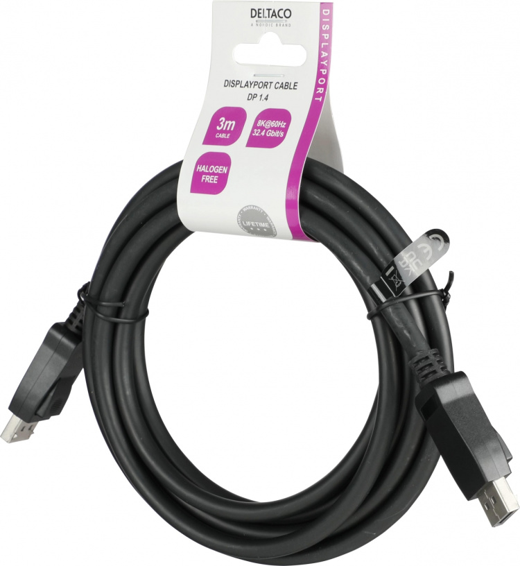 Deltaco DisplayPort-kabel, 3m, 8K, DP 1.4, DSC 1.2, LSZH svart