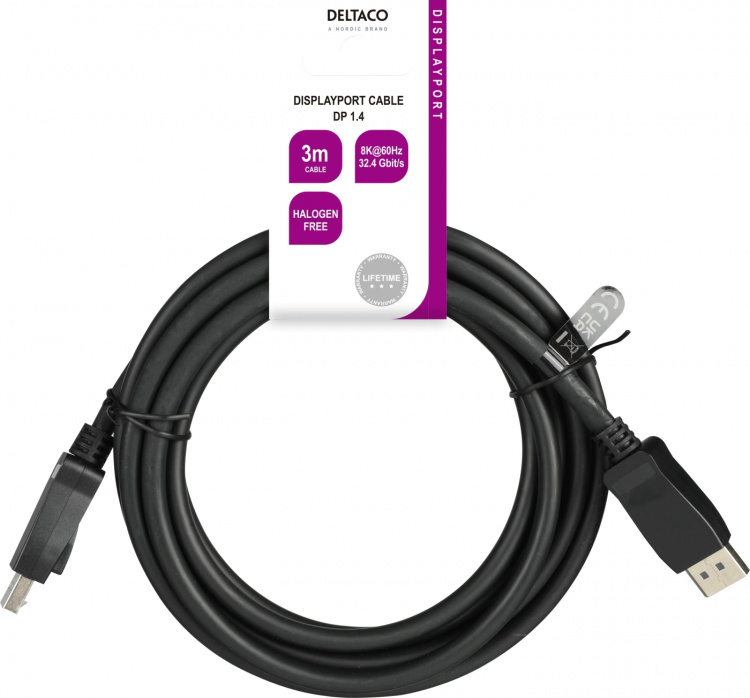 Deltaco DisplayPort-kabel, 3m, 8K, DP 1.4, DSC 1.2, LSZH svart