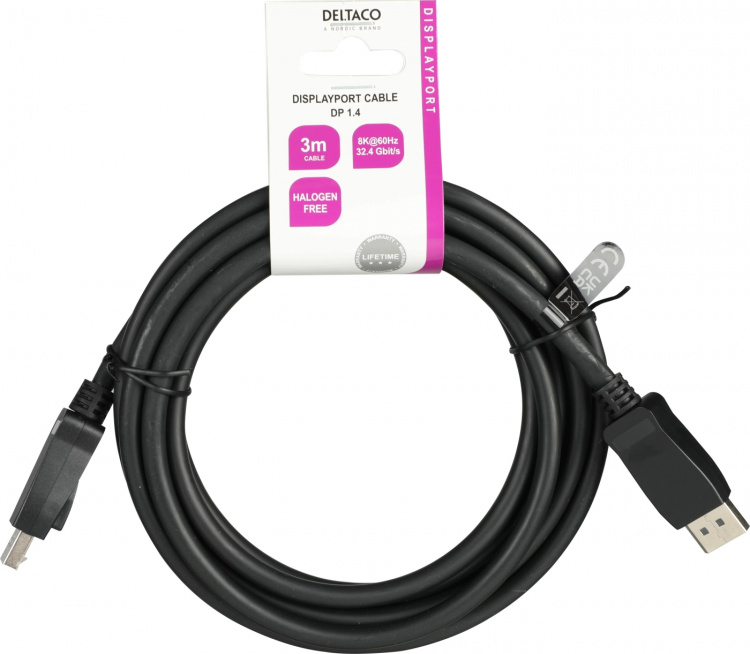 Deltaco DisplayPort-kabel, 3m, 8K, DP 1.4, DSC 1.2, LSZH svart