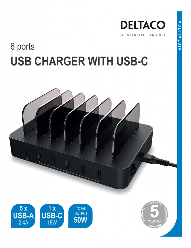 DELTACO USB charging station 5x USB-A, 1x USB-C PD, total 50 W, black