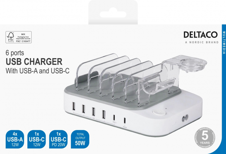 Deltaco USB charging station, 4x USB-A, 1x USB-C 2.4A, 1x US