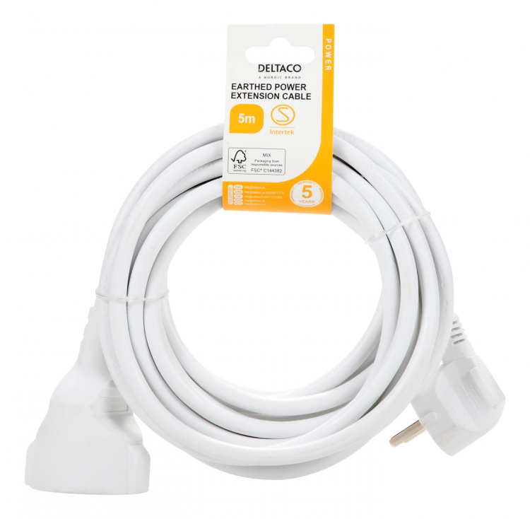 DELTACO Jordad förlängningskabel 1x CEE 7/3, 1x CEE 7/7, 5m, Vit