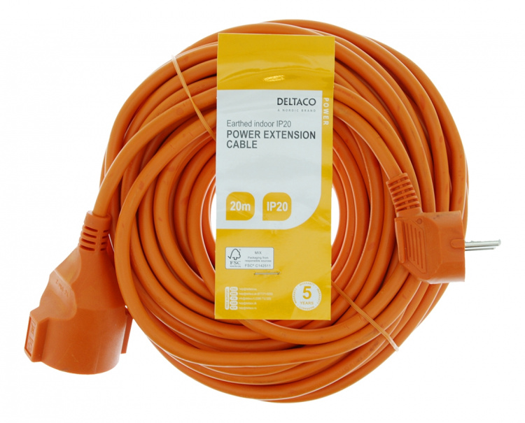 DELTACO Förlängningskabel, inomhusbruk, jordad, IP20, 20 m, Orange