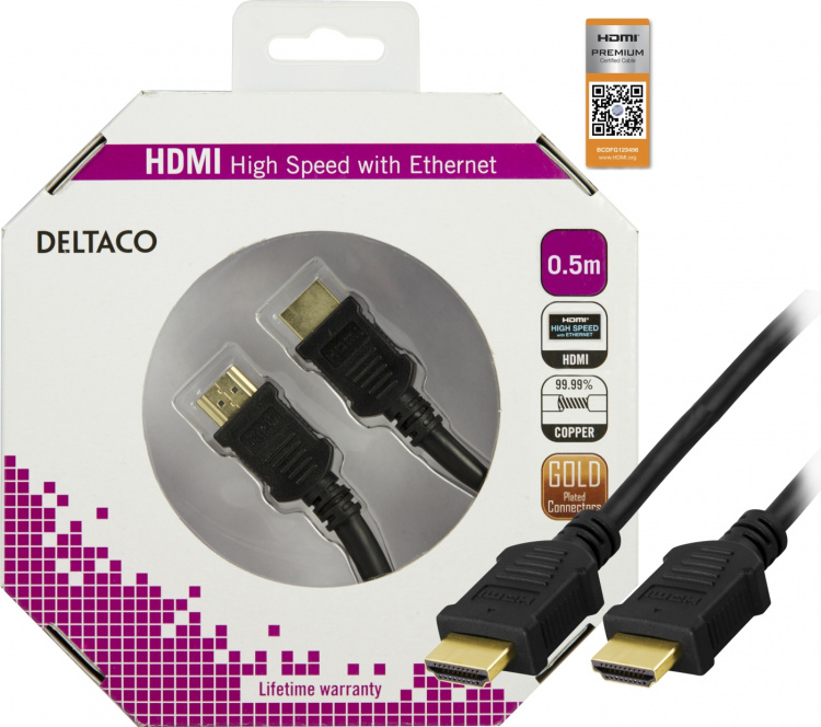 Deltaco HDMI cable, Premium High Speed HDMI w/ Ethernet, 0.5m, black Deltaco HDMI cable, Premium High Speed HDMI w/ Ethernet, 0.5m, black