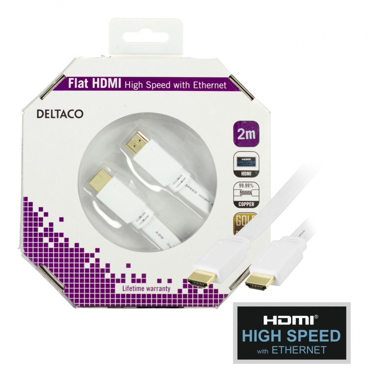 Deltaco Flat HDMI cable, HDMI High Speed w/ Ethernet, 4K, 2m, white