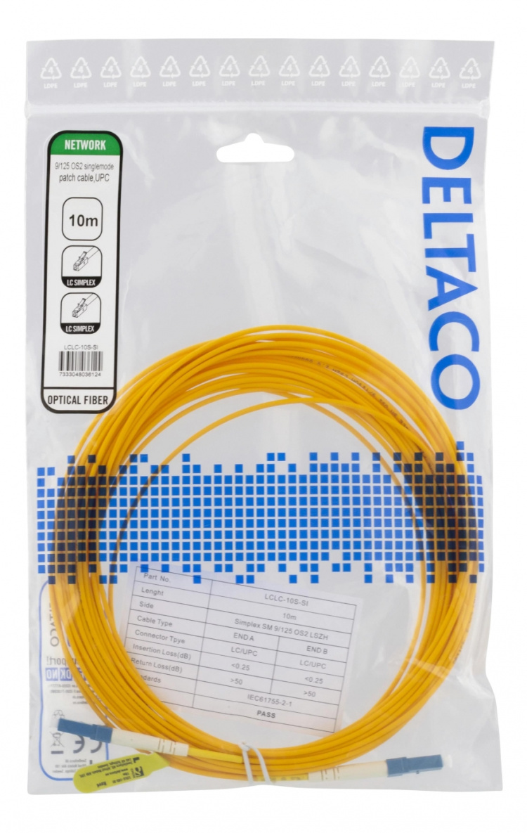 Deltaco OS2 Fiber cable, LC – LC, simplex, singlemode, UPC, 10m