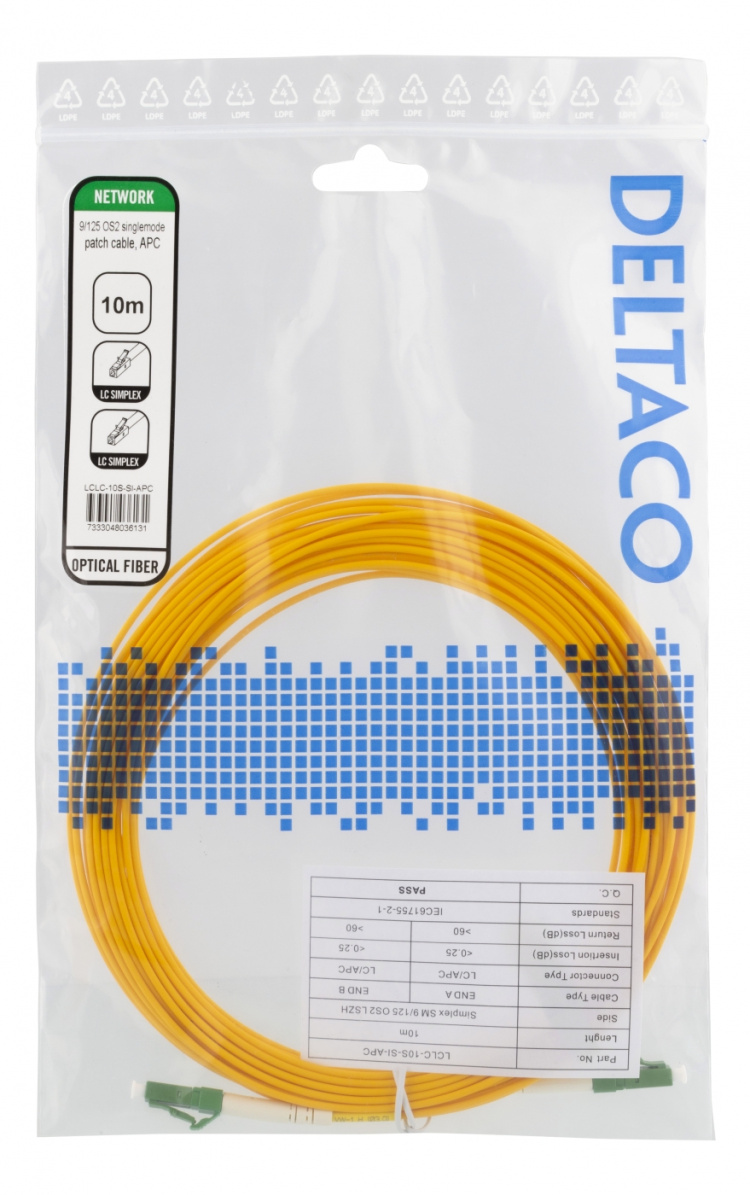 Deltaco OS2 Fiber cable, LC – LC, simplex, singlemode, APC, 10m