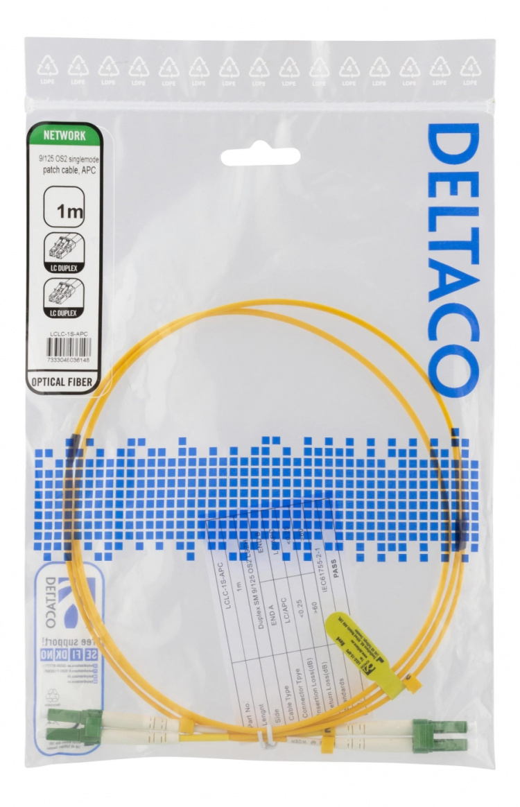 Deltaco OS2 Fiber cable, LC – LC, duplex, singlemode, APC, 9/125, 1m