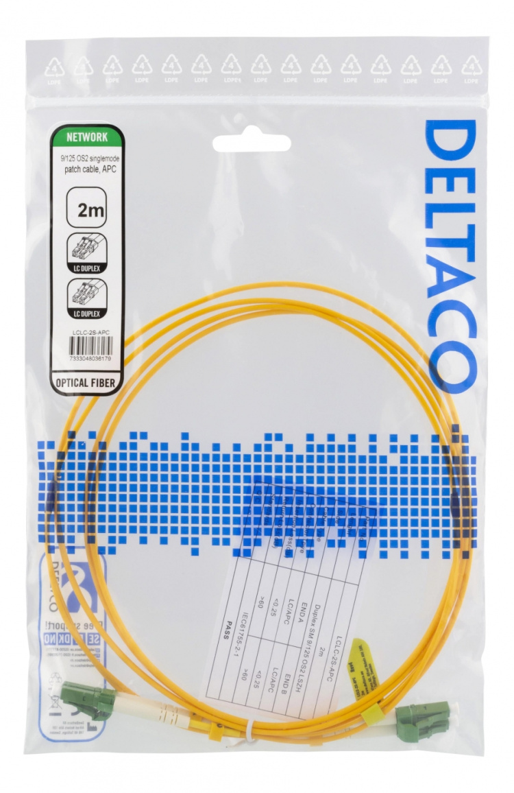 Deltaco OS2 Fiber cable, LC – LC, duplex, singlemode, APC, 9/125, 2m