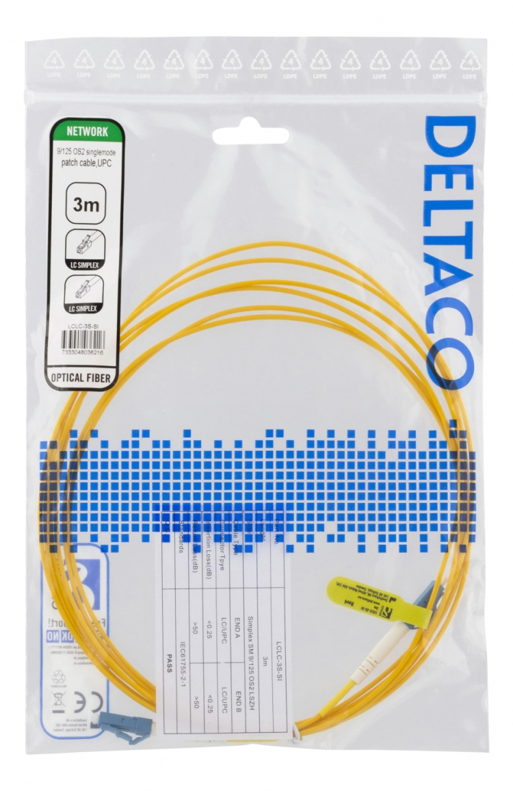 Deltaco OS2 Fiber cable, LC – LC, simplex, singlemode, UPC, 3m