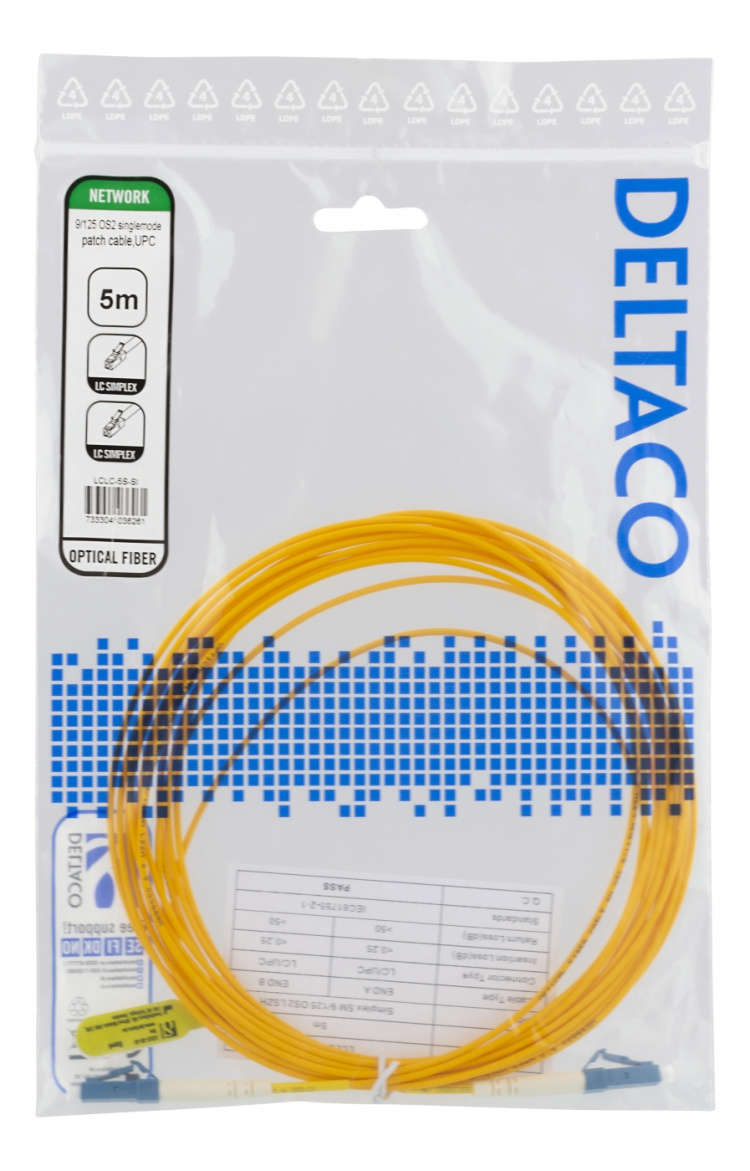 Deltaco OS2 Fiber cable, LC – LC, simplex, singlemode, UPC, 5m