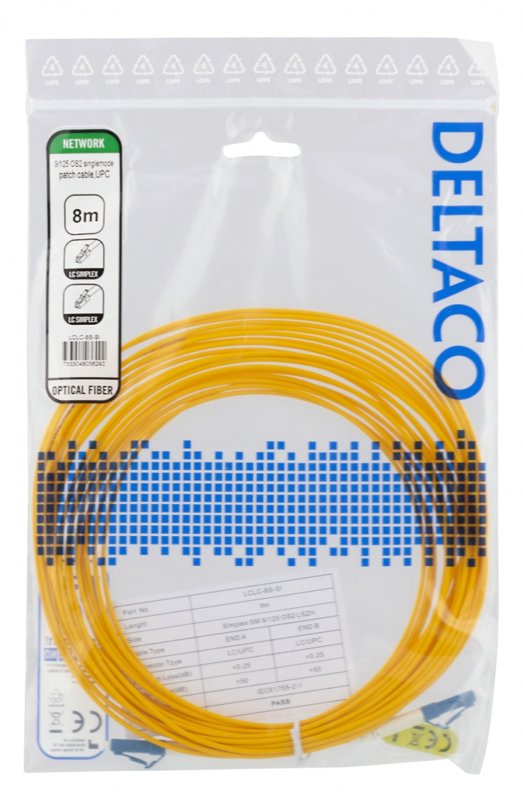 Deltaco OS2 Fiber cable, LC – LC, simplex, singlemode, UPC, 8m