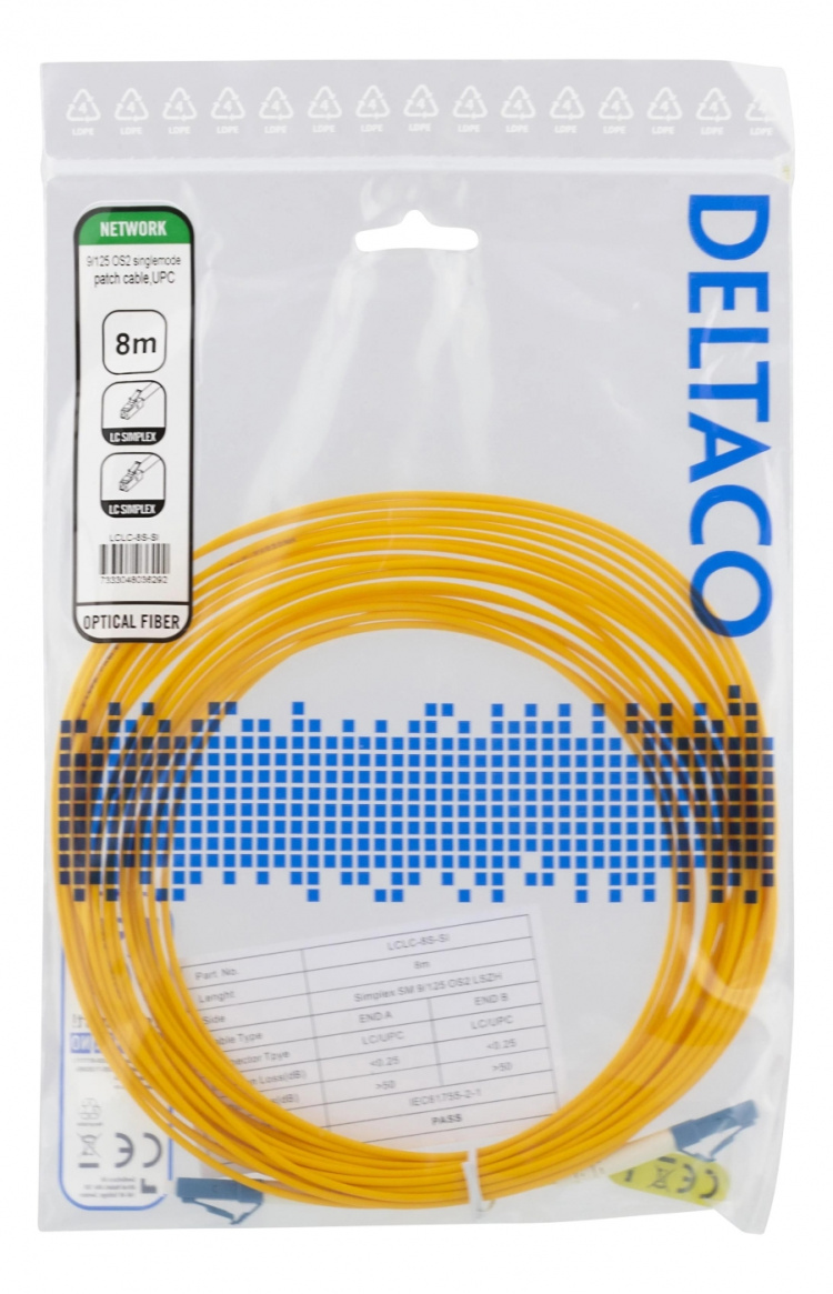 Deltaco OS2 Fiber cable, LC – LC, simplex, singlemode, UPC, 8m