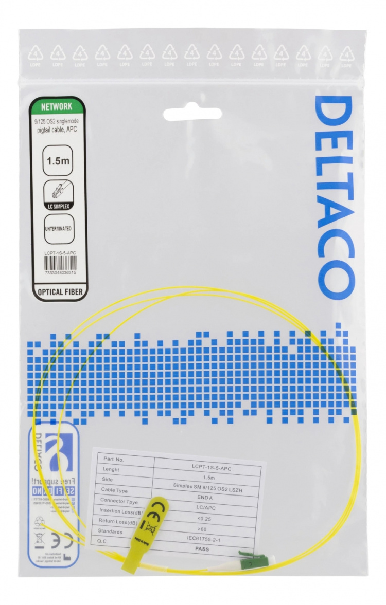 Deltaco OS2 Fiber pigtail, LC, simplex, APC, 9/125, 1,5m