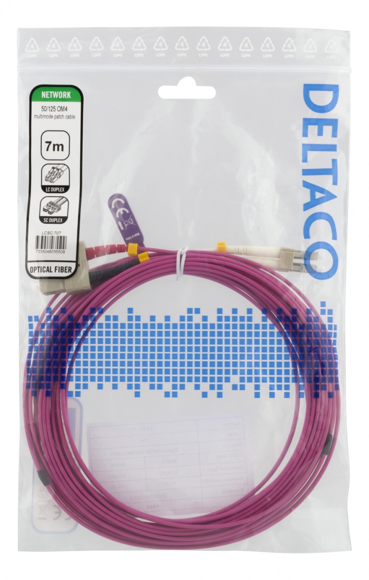 Deltaco OM4 Fiber cable, LC – SC, duplex, multimode, 50/125, 7m