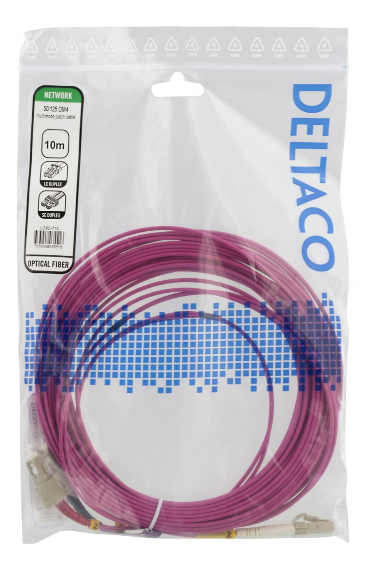 Deltaco OM4 Fiber cable, LC – SC, duplex, multimode, 50/125, 10m