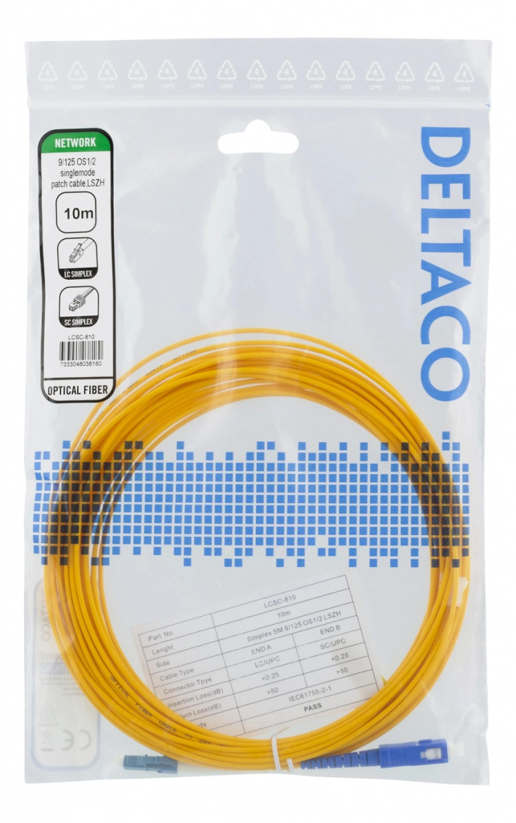 Deltaco OS1/2 Fiber cable, LC - SC, 9/125, singlemode, 10m