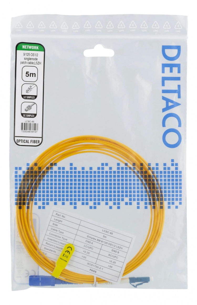 Deltaco OS1/2 Fiber cable, LC - SC, 9/125, singlemode, LSZH, 5m