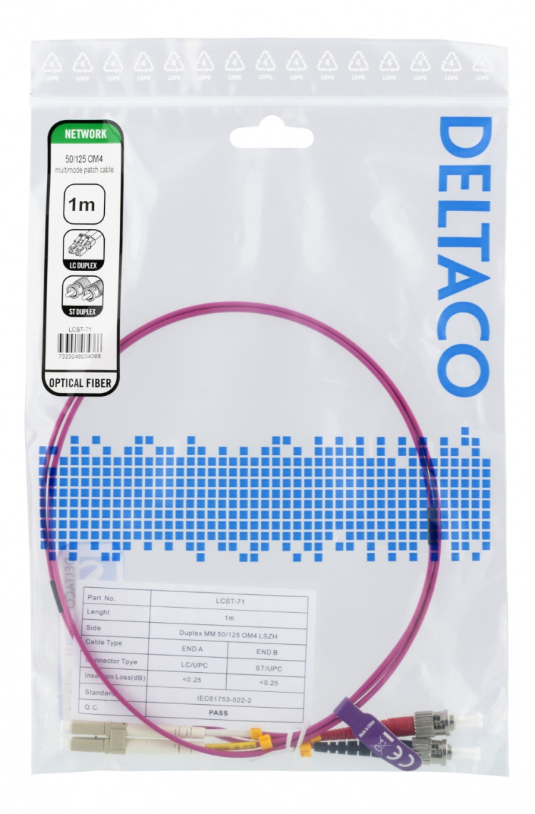 Deltaco OM4 Fiber cable, LC-ST Duplex, 50/125, 1m, pink