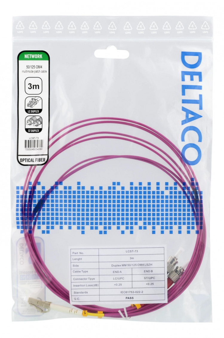 Deltaco OM4 Fiber cable, LC-ST Duplex, 50/125, 3m, pink