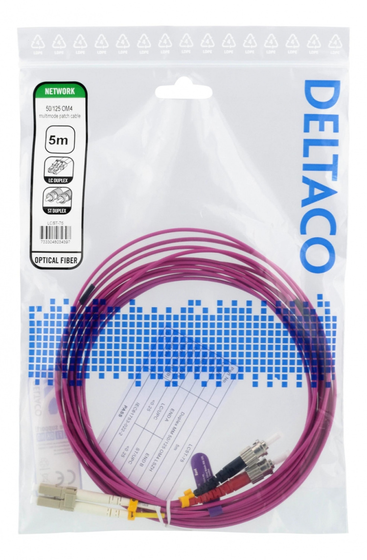 Deltaco OM4 Fiber cable, LC-ST Duplex, 50/125, 5m, pink