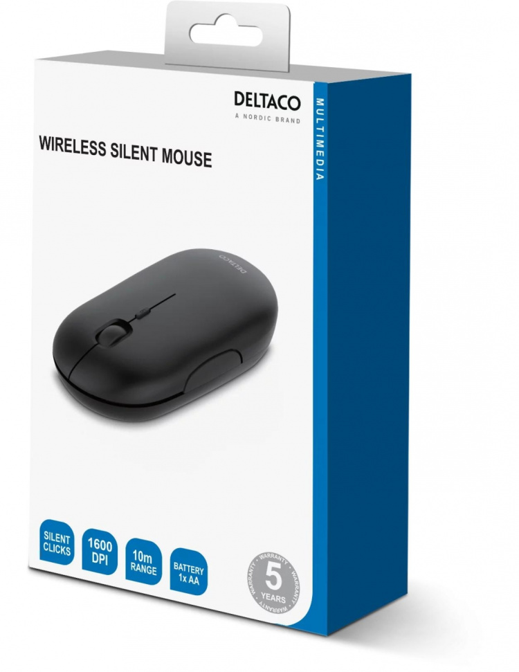 Deltaco Wireless flat silent mouse 1600DPI USB receiver 4button