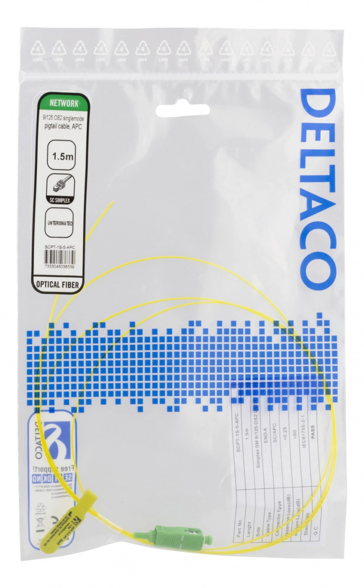 Deltaco OS2 Fiber pigtail, SC, simplex, APC, 9/125, 1,5m