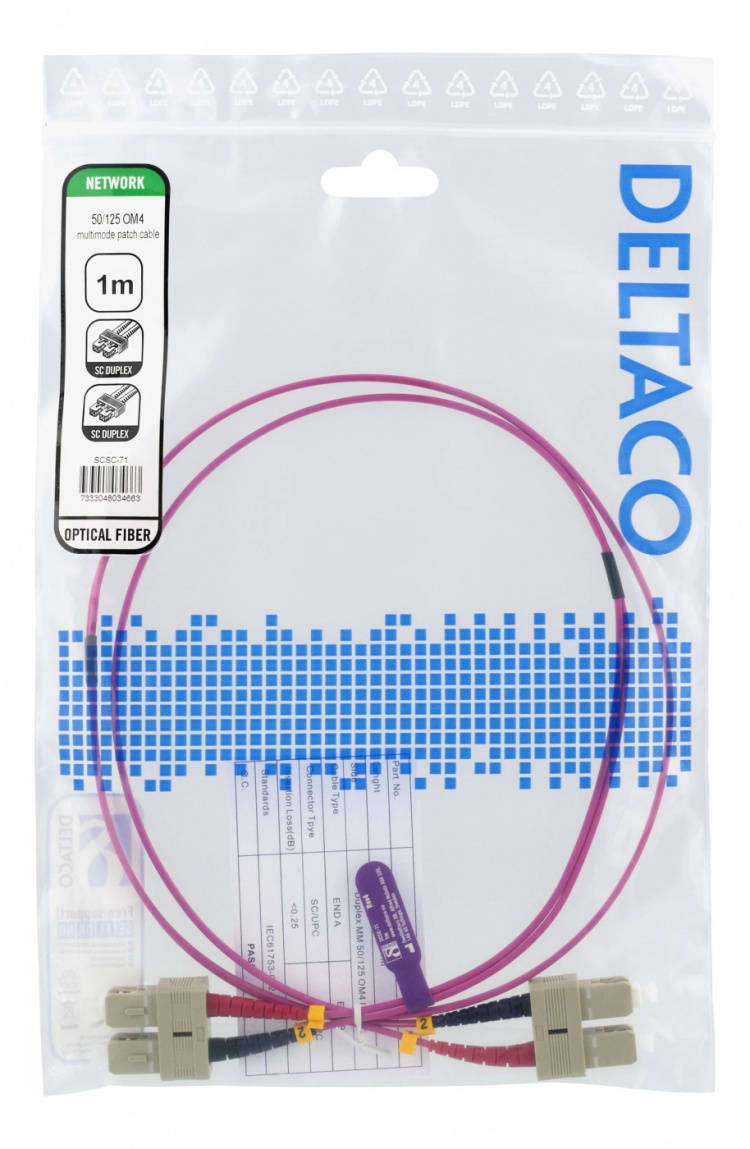 Deltaco OM4 Fiber cable, SC - SC Duplex, 50/125, 1m, pink