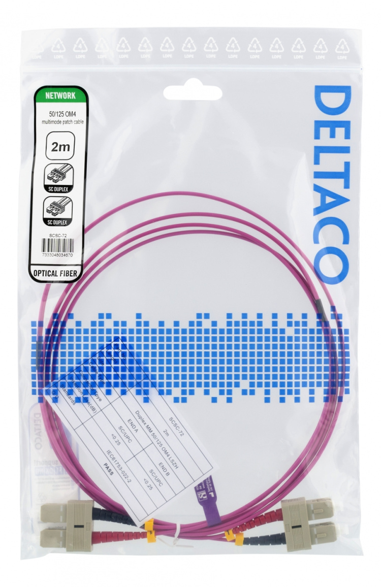 Deltaco OM4 Fiber cable, SC-SC Duplex, 50/125, 2m, pink