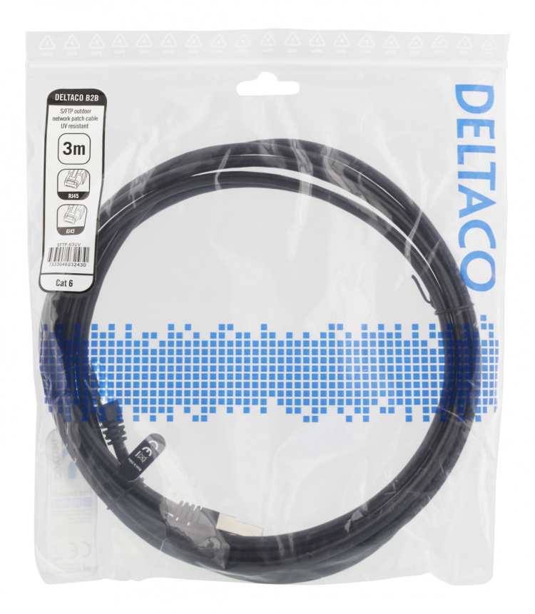 Deltaco S/FTP Cat6 patch cable, UV resistant, 3m, black