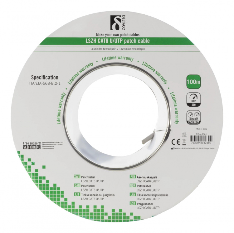 Deltaco U/UTP Cat6 patch cable, LSZH, 100m spool, 250MHz, white