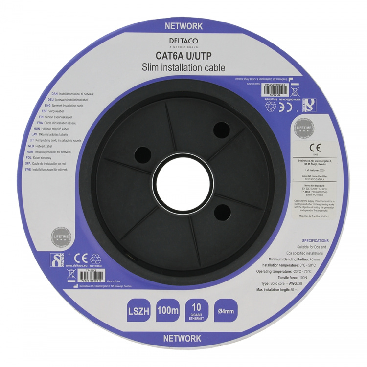 Deltaco U/UTP Cat6a installation cable slim 28AWG 100m LSZH white