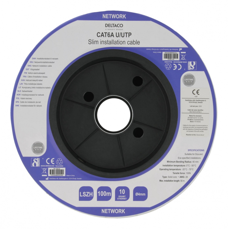 Deltaco U/UTP Cat6a installation cable slim 28AWG 100m LSZH white