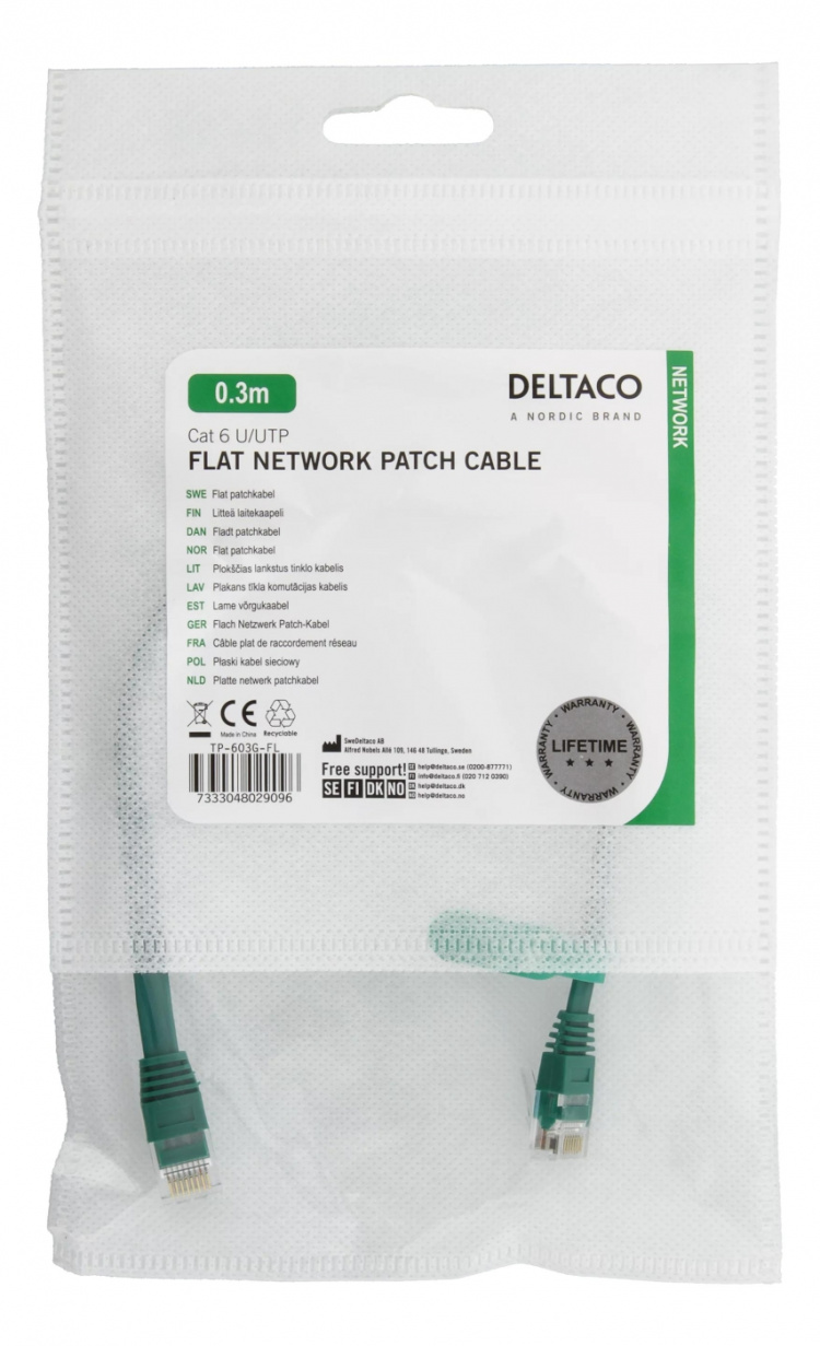 Deltaco U/UTP Cat6 patch cable, flat, 0.3m, 250MHz, green