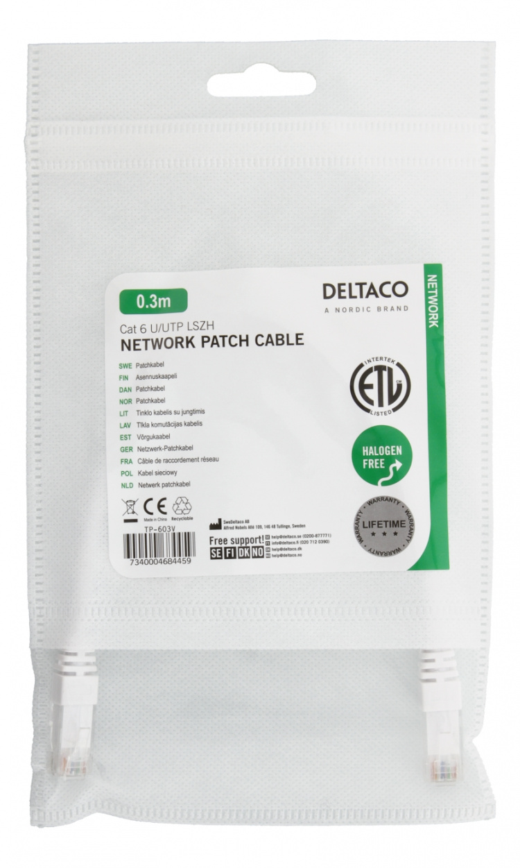 Deltaco 50-pack U/UTP Cat6 patch c., 0,3m, Delta-certif, LSZH, white
