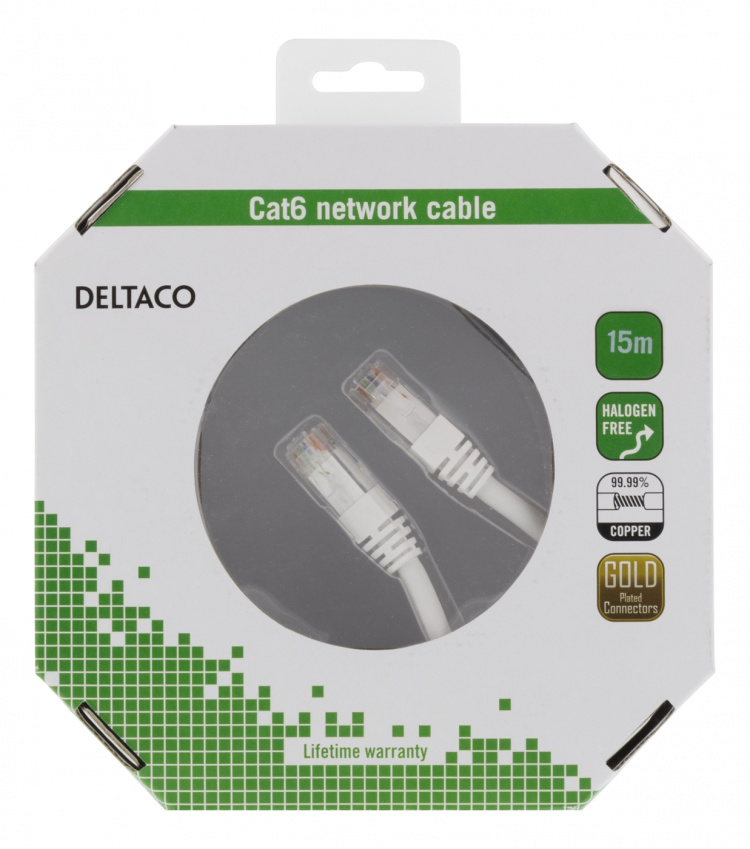 Deltaco U/UTP Cat6 patch cable, 15m, 250MHz, Delta, LSZH, white