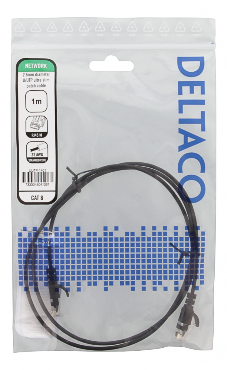 Deltaco Ultra Slim U/UTP Cat.6 patch cable, OD:2.6mm, 1m, black