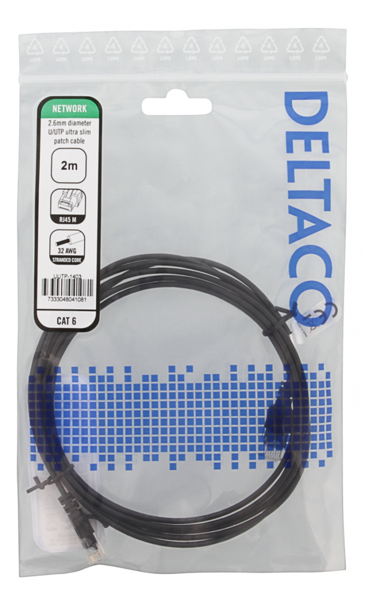 Deltaco U/FTP Cat6 patch cable slim 2.6 mm⌀ 2m 500MHz black
