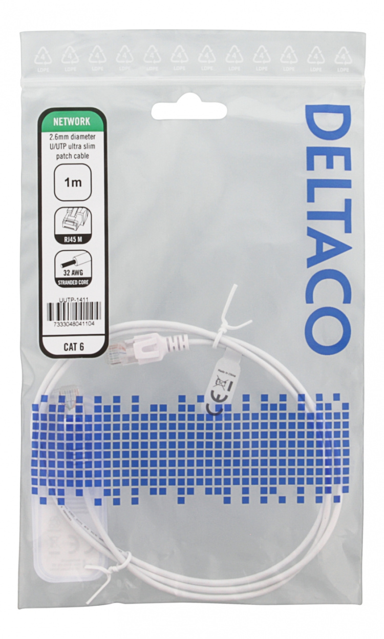 Deltaco U/FTP Cat6 patch cable slim 2.6 mm⌀ 1m 500MHz white