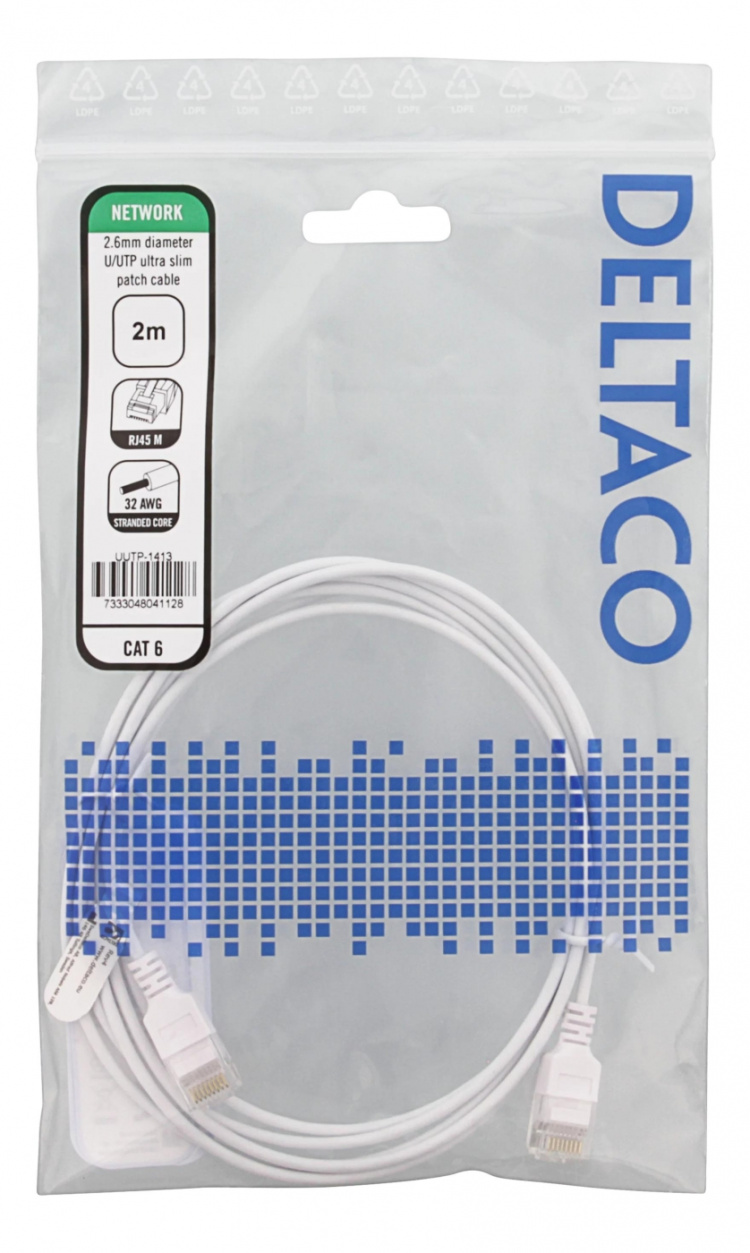 Deltaco Ultra Slim U/UTP Cat.6 patch cable, OD:2.6mm, 2m, white
