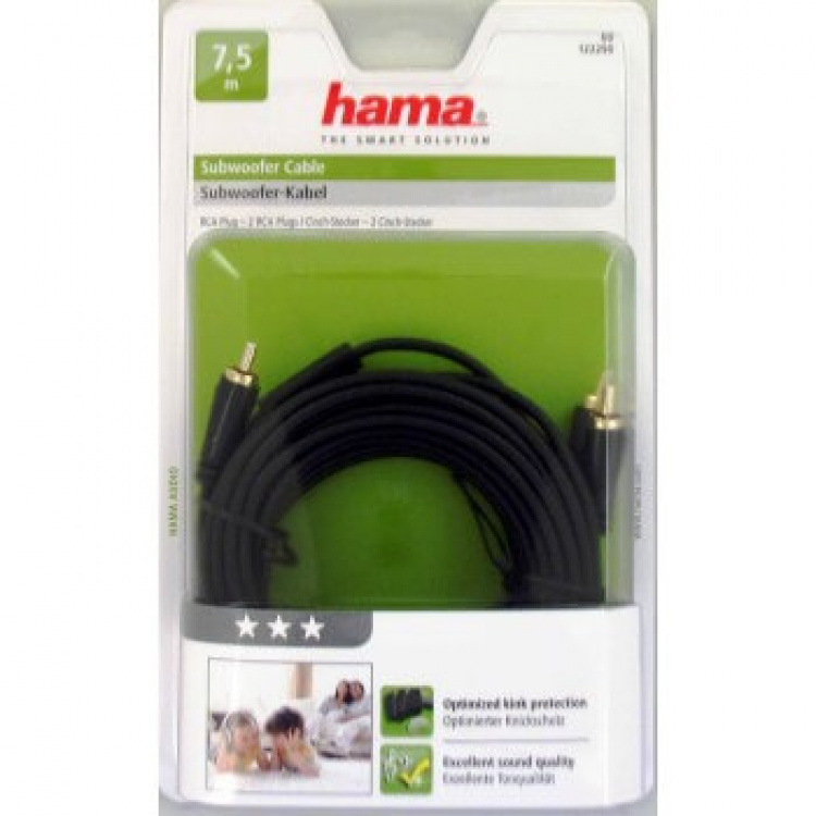 Hama Kabel Audio 1xRCA-2xRCA Subwooferkabel Guld Svart 7.5m