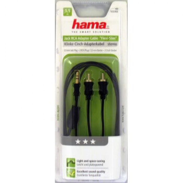 Hama Kabel Audio 3.5mm-2xRCA Flexislim Guld Svart 1.5m Hama Kabel Audio 3.5mm-2xRCA Flexislim Guld Svart 1.5m