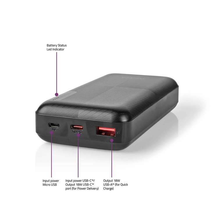 Nedis Powerbank | 20000 mAh | 1.5 / 2.0 / 3.0 A | Antal utgångar: 2 | Utgångsanslutning: 1x USB-A / 1x USB-C™ | Ingångsanslutning: 1x Micro USB / 1x USB-C™ | PD2.0 18W | Litium-polymer