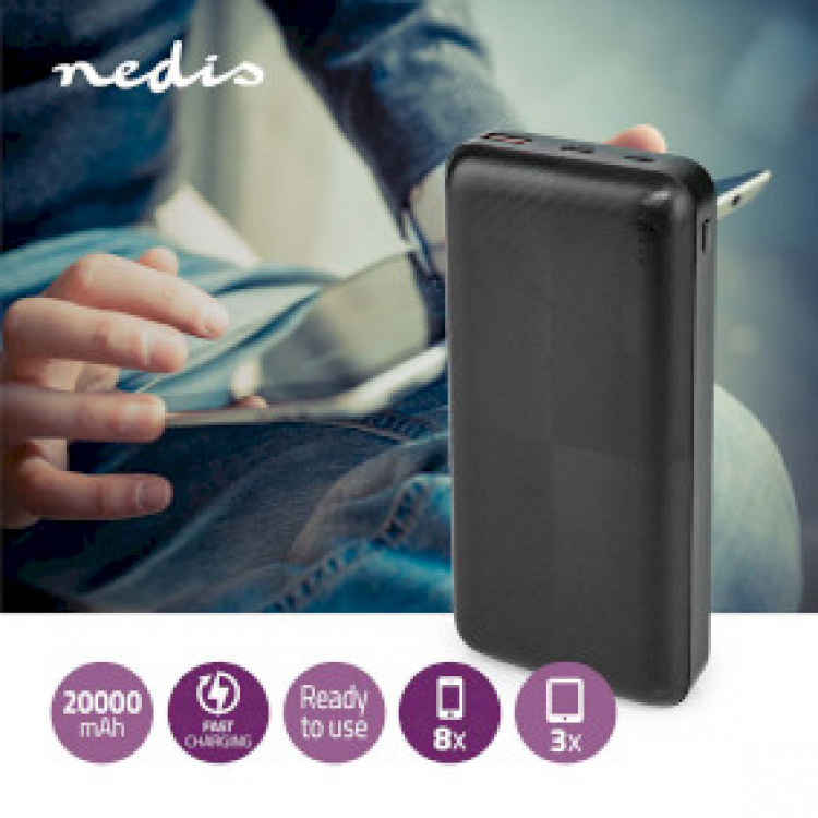 Nedis Powerbank | 20000 mAh | 1.5 / 2.0 / 3.0 A | Antal utgångar: 2 | Utgångsanslutning: 1x USB-A / 1x USB-C™ | Ingångsanslutning: 1x Micro USB / 1x USB-C™ | PD2.0 18W | Litium-polymer